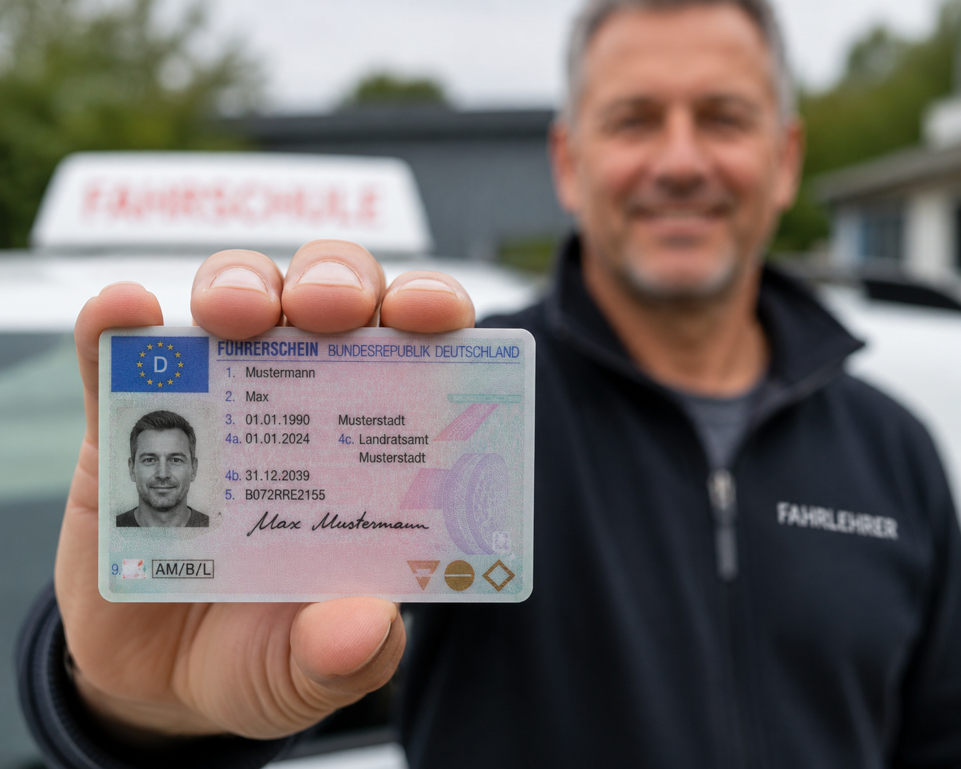 Fahrlehrer hält einen Führerschein in die Kamera
