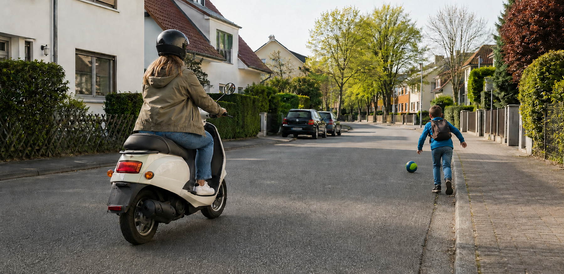 Rollerfahrer erkennt einen Ball und ein hinterherlaufendes Kind auf der Straße